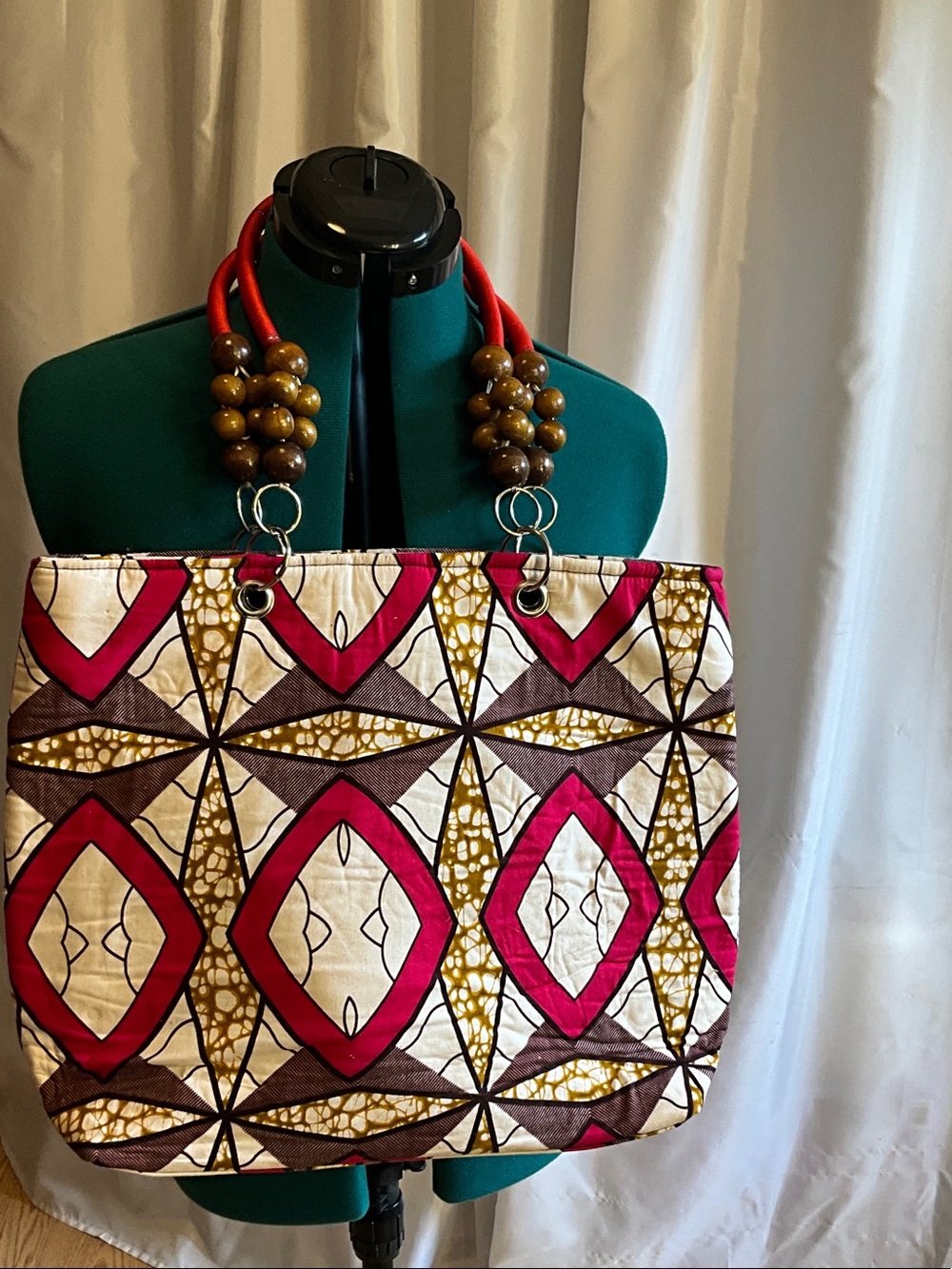 Bold Pink & Brown Geometric Tote with Wooden Bead Handles